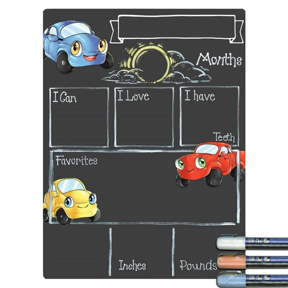 Cohas Cars and Trucks Theme Baby Milestone Chalkboard, 12 by 16 inches, 3 Pastel Markers