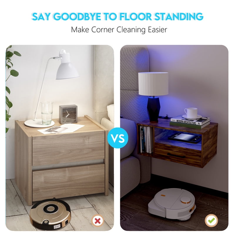LED Nightstand with Remote Control 26.8” Modern Floating Nightstand with USB Port and Outlet for Bedroom, Rustic Brown