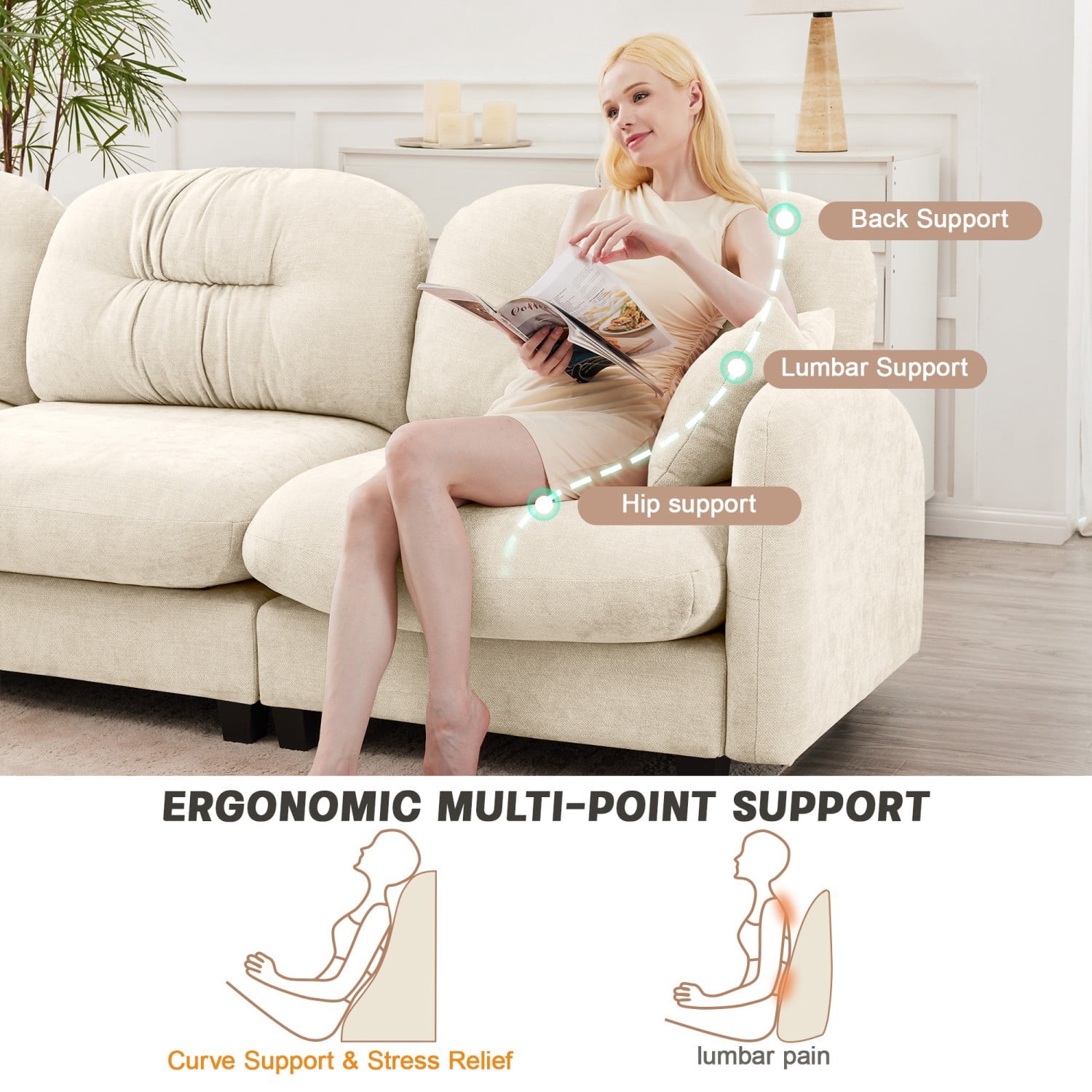 Modular Sectional Sofa Cloud Couch Loveseat Chenille Fabric Tufted Sofa Ergonomic 2-Seater Couch with Wooden Base for Living Room, Apartment, Beige