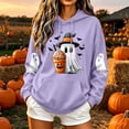 thumbnail image 2 of Women Drop Shoulder Spooky Season Hoodie Drawstring Kangaroo Pocket Fall Halloween Pullover Witch Hat Cute Ghost Pumpkin Spice Drink Bat Front Print Sweatshirt, 2 of 6