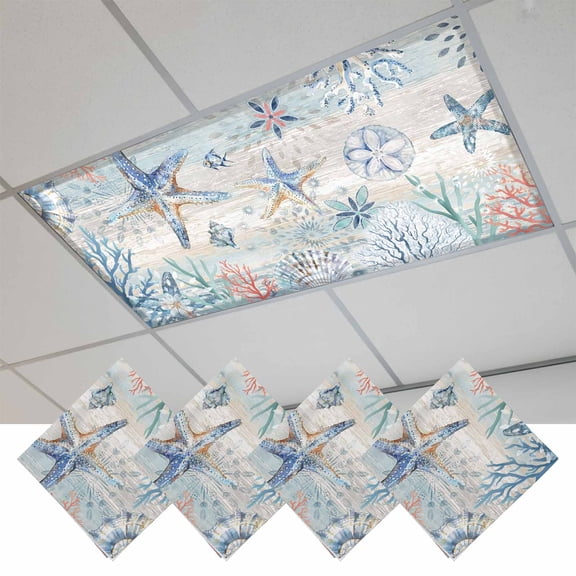 Coastal Starfish Fluorescent Light Covers, Blue Nautical Coral Seashell Wooden Magnetic Light Covers for Ceiling Lights, Fluorescent Ceiling Shade Filters for Classroom Bedroom Office 4x2Ft x 4PCS