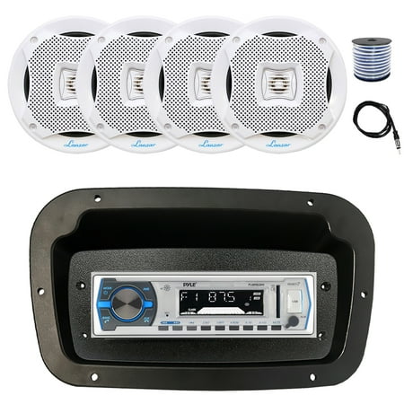 Pyle PLMRB29W Single DIN Bluetooth Marine MP3 Stereo Receiver Spa bezel Adapter Plate 22 Radio Antenna Wire 4x 6.5 400W Max 2-Way Water Resistant Audio Speakers (White)