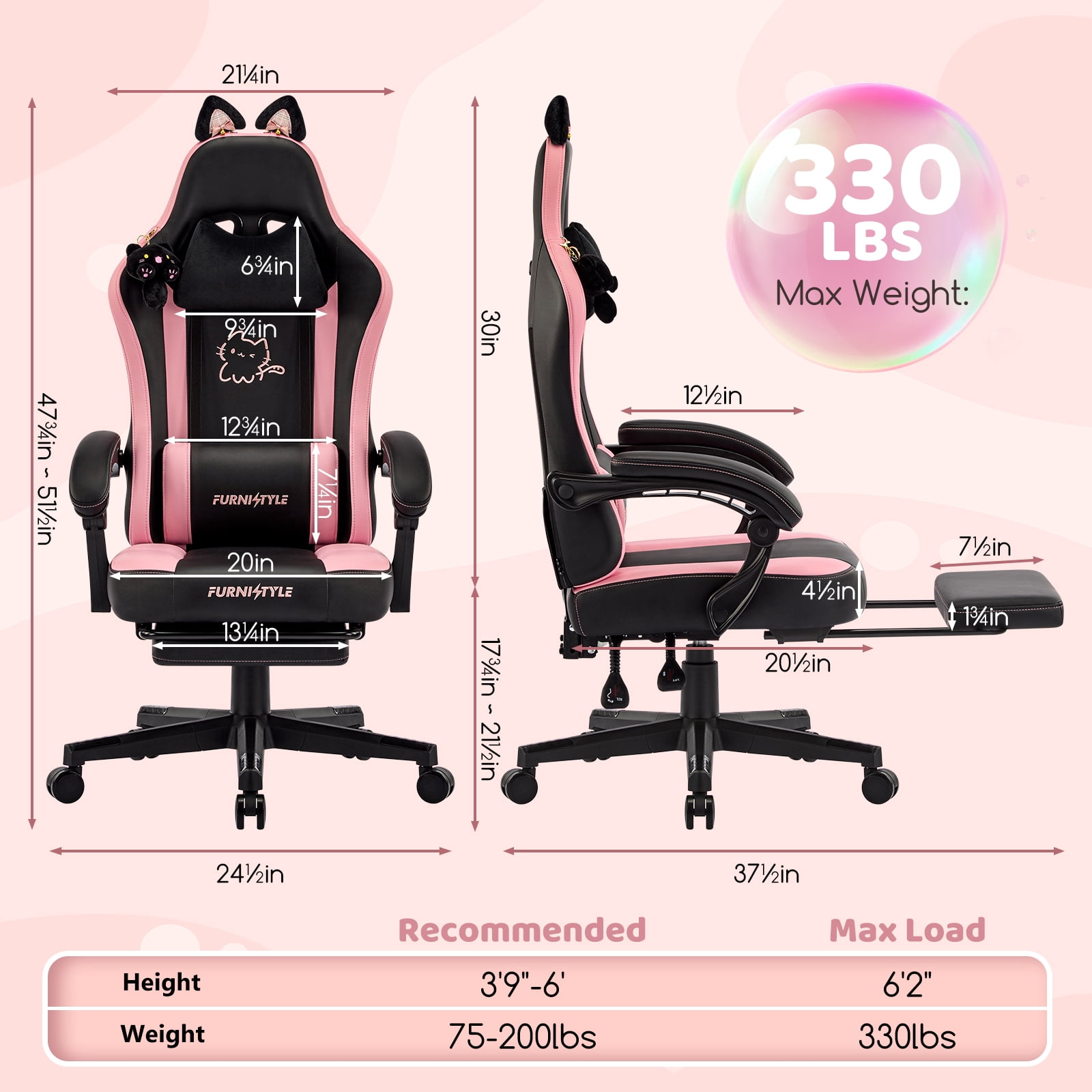 Falvinoryn Cute Gaming Chair, Ergonomic Computer Chair with Cat Ears for Girl, Lumbar Support and Headrest, Reclining Game Chair with Footrest. Black