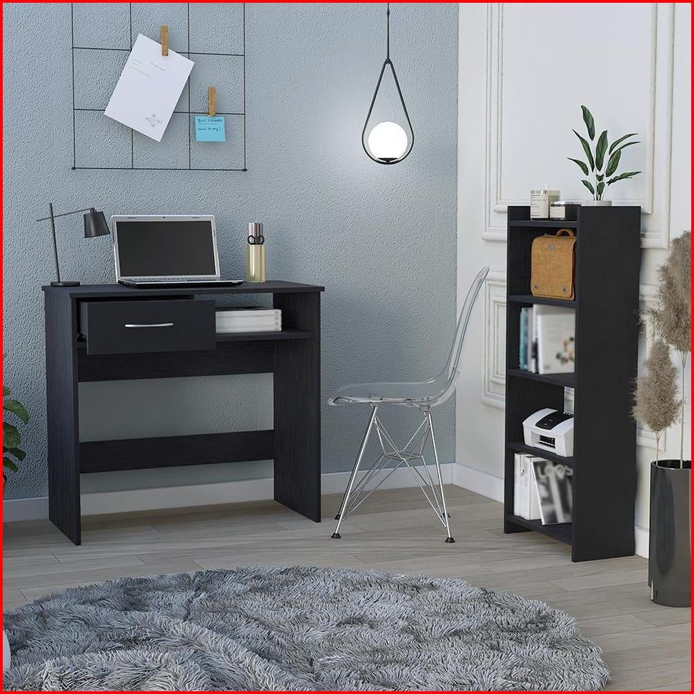 Computer Desks, Home Office Desk with Keyboard Tray, Drawer & Shelf, Black Wengue | Black | Particle Board