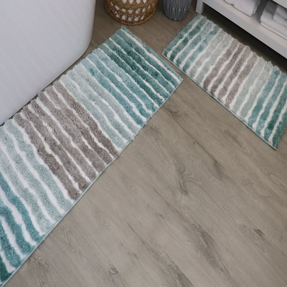 Bathroom Rugs Set of 2, Soft Microfiber Bath Mats, Absorbent & Quick Drying, Non-Slip Rubber Backing, Machine Washable Bathroom Floor Mats for Tub, Shower, Sink – 17x24, 21x54 Turquoise
