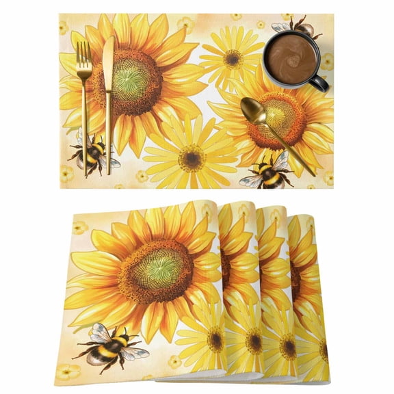 Sunflower Placemats Set of 6, Yellow Floral Elegant Flowers Pastoral Placemats for Dining Table, Place Mats for Kitchen Tabletop, Waterproof Wipeable Dining Table Mats Set