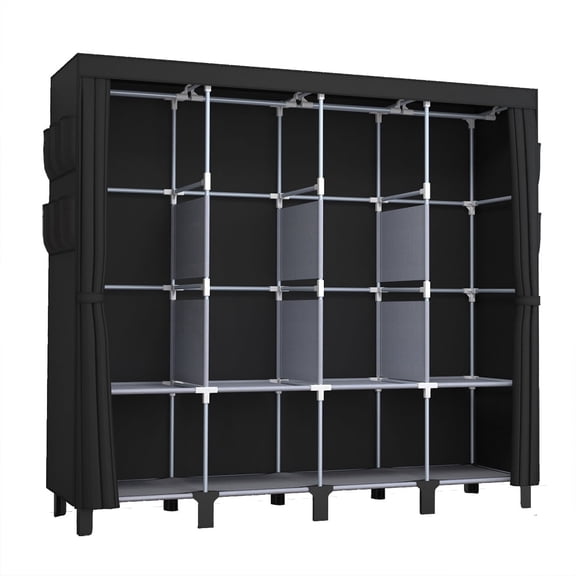 Black， Portable Closet Organizer and Storage with 3 Hanging Rods for Hanging Clothes, 6 Wardrobe Closet Storage Shelves for Bedroom, Easy to Assemble.