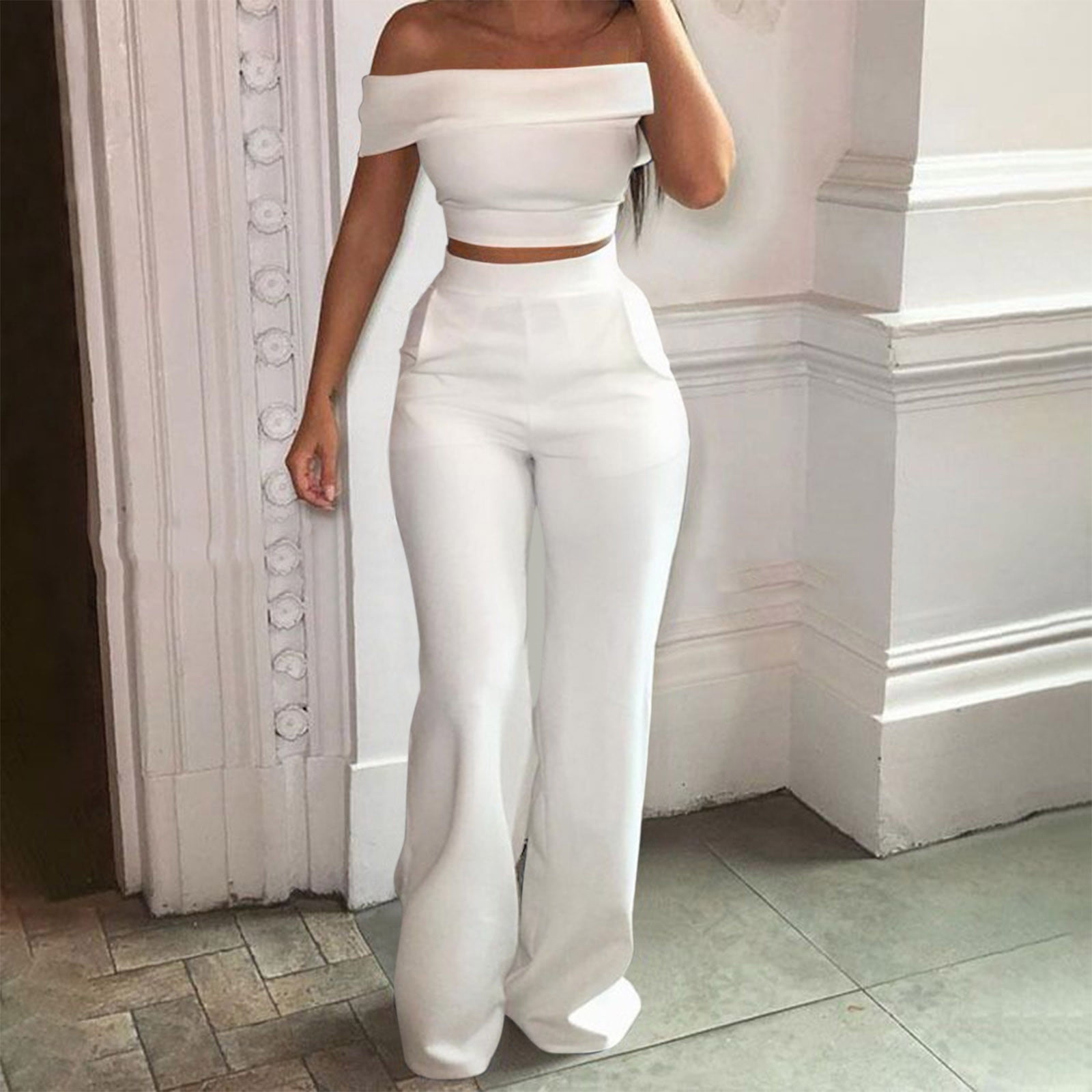 The Outfit Womens Solid Two Piece Off Shoulder Short Sleeve Crop Top High Waist Pants for Women - Walmart.com