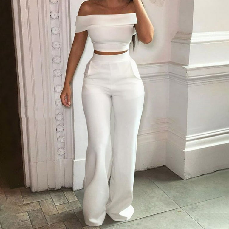 Women's Fashion Casual Outfits Clothes Set Solid Color Top Pants 2 Piece  Off Shoulder Short Sleeve Top High Waist Pants Women Trendy Stylish  Clothing