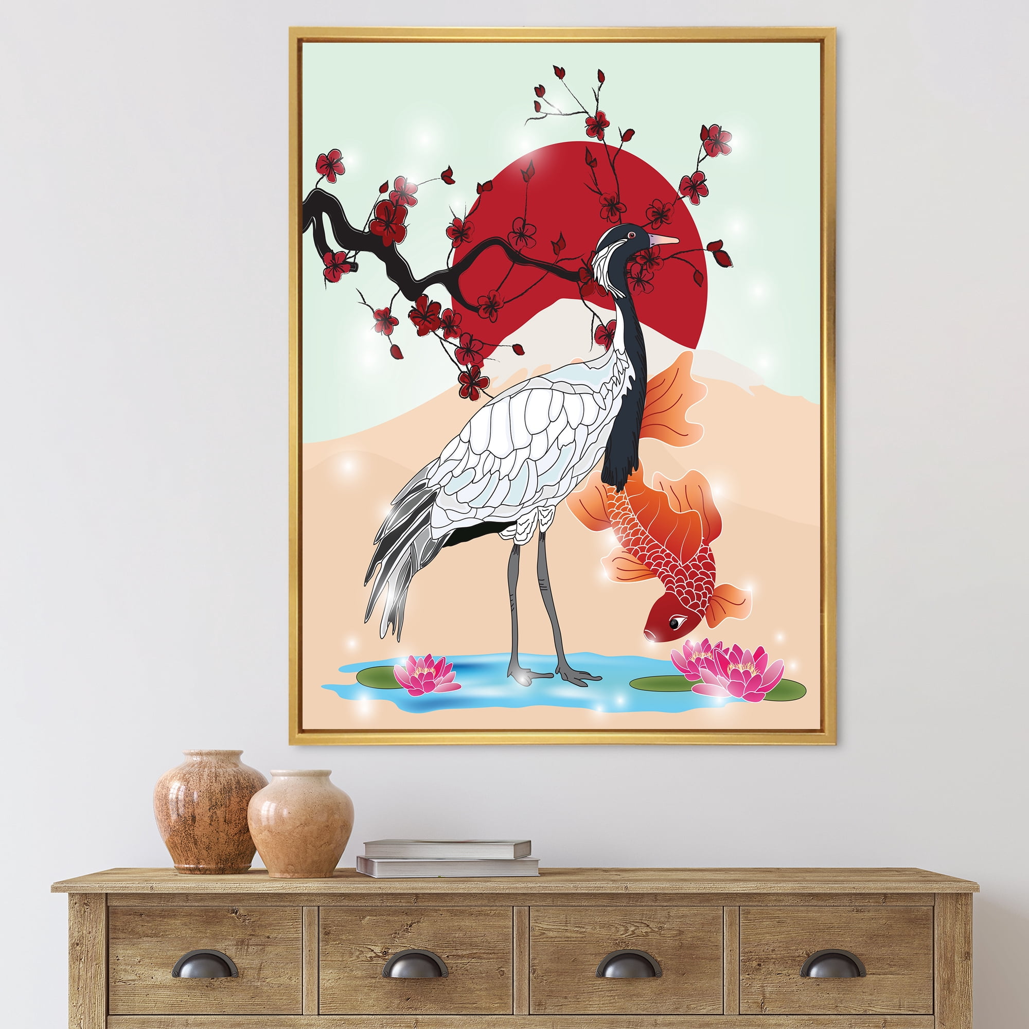 Designart 'Koi Fish With Crane Bird' Farmhouse Framed Canvas Wall Art Print