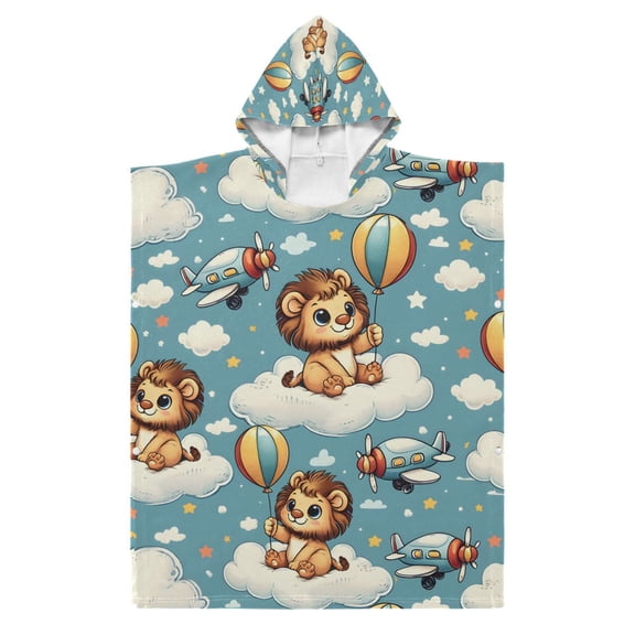 Kid Hooded Beach Towel Bath Poncho Towels Soft Absorbent Quick Dry for Boy Girl Cute Lion with Balloon Sit Cloud S