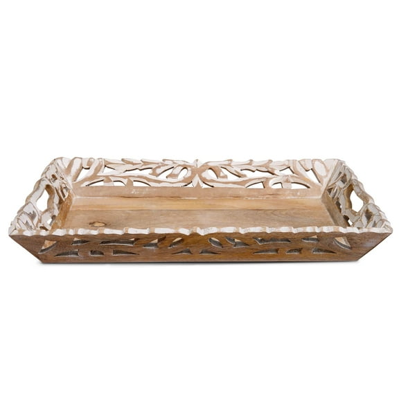 Mela Artisans Ottoman Wooden Serving Tray - Medium, Wisteria Whitewash| Decorative Mango Wood | Serve Breakfast, Other Foods, Coffee and Tea | Rustic Home Decor | 16" x 12” x 2.5”