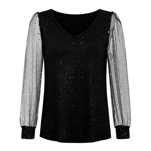 XAOFW Girl's T-Shirts Carnival Sparkly Sequins Long Sleeve V-Neck T Shirt Celebration Loose Fit Tee Shirt Outdoor Activities Stylish Cozy Tops