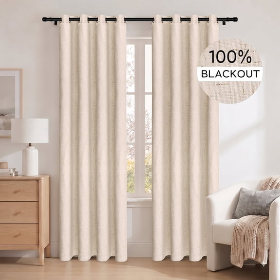 MaKefeile 100% Blackout Grommet Curtains for Bedroom,Linen Blend Thermal Insulated Curtains for Living Room,W52 x L84 Inch,Beige,2 Panels