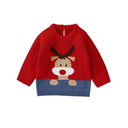 

Avamo Newborn Cute Cartoon Print Sweater Spliced Thermal Knitted Sweaters Knitwear Xmas Jumper Top Red 98cm