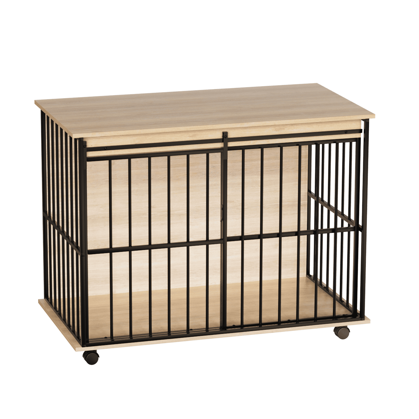 ZephyPaws 44in Dog Crate Furniture,Wooden Dog Kennel Indoor with Double Doors, Dog Cage with Wheels,Dog House Side End Table for Large Dogs up to 85 lb,Natural Black