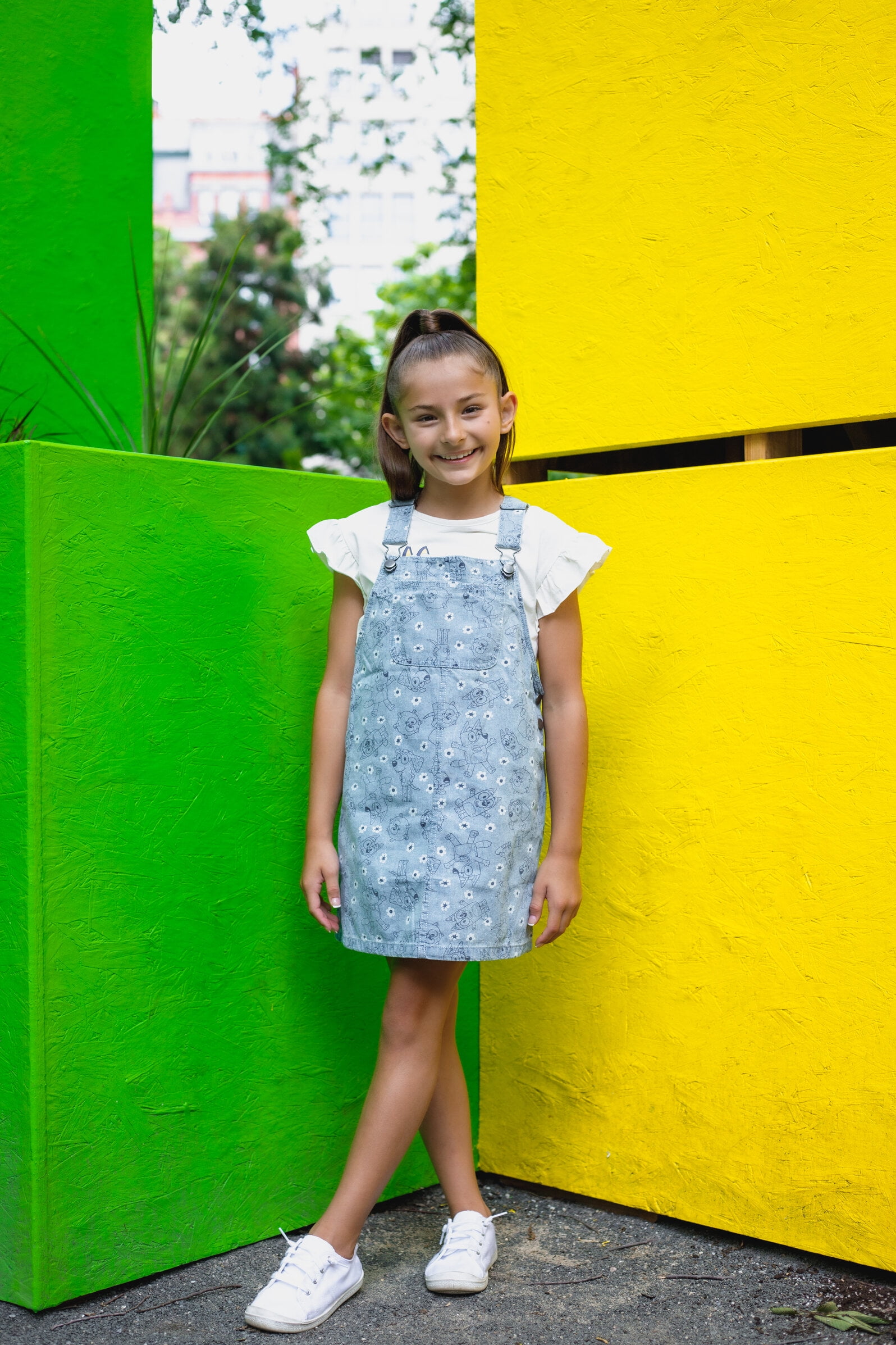 Bluey Bingo Chloe Floral Vintage Wash Denim Overall Dress and T-Shirt Outfit Set Toddler to Big Kid