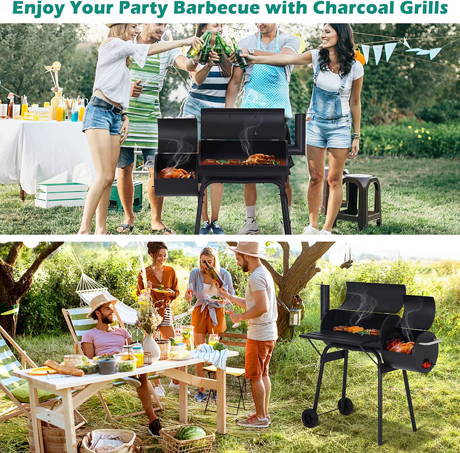 NiamVelo BBQ Charcoal Grills Outdoor BBQ Grill Camping Grill, Stainless Steel Grill Offset Smoker with Cover, Portable BBQ Barbecue Grill for Picnic Camping Party, Black - image 3 of 7