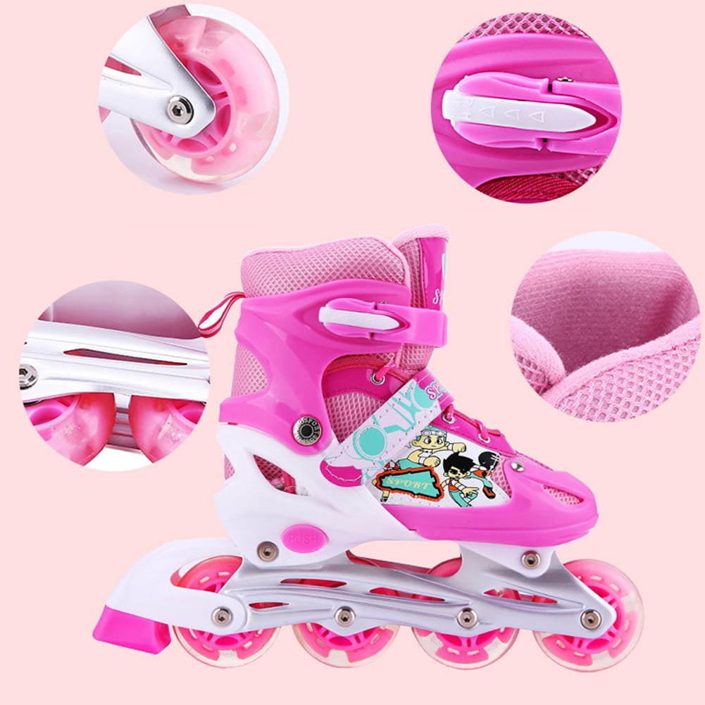 LAZIOEGR Adjustable Illuminating Inline Skates for Kids Boys Girls Set with Helmet Pads, Pink Medium
