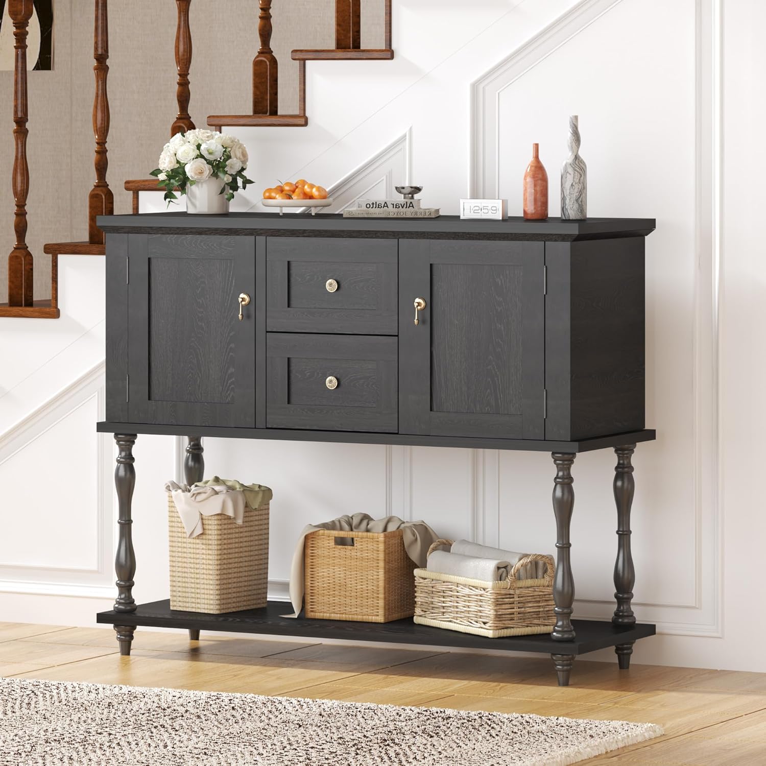 QinaQin Entryway Table with 2 Drawers,Vintage Console Table with Storage Shelf and 2 Doors,Farmhouse Buffet Sideboard Cabinet for Hallway,Entryway,Black