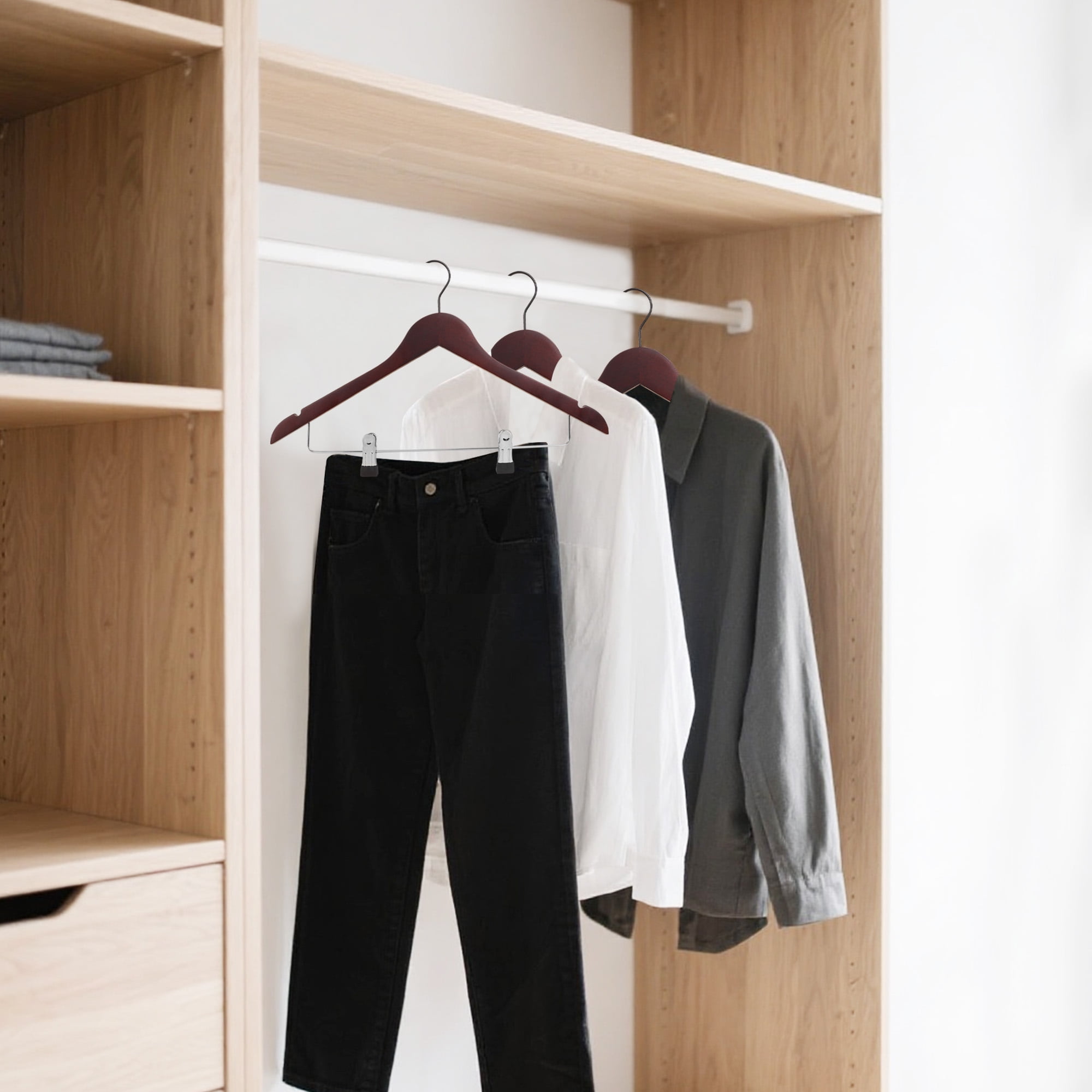BP4U 12-Pack Wooden Hangers with Adjustable Metal Clips, Solid Wood Suit Hangers for Skirt, Dress, Coats, Jacket and Pants