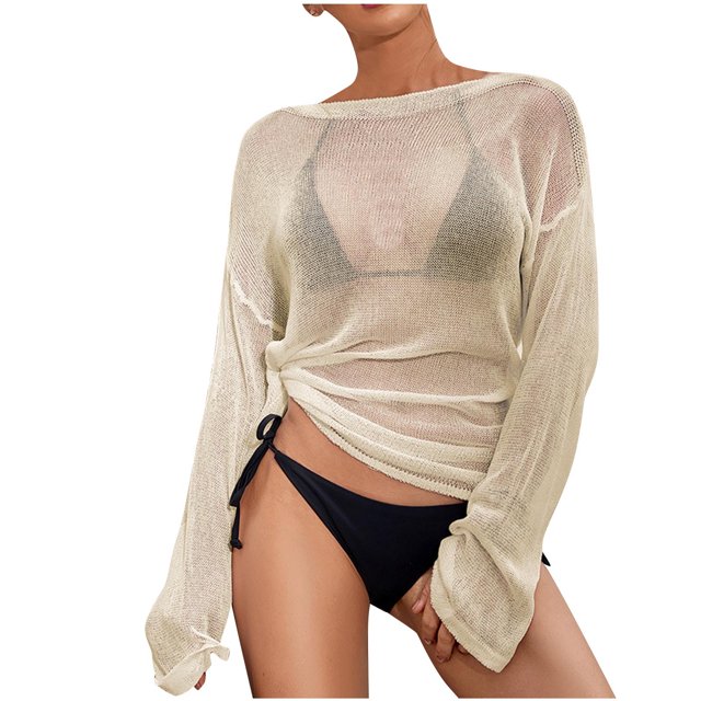 cfhntfmh Hauts de Bikini pour Femmes Mode Manches Longues Sorties de Plage Doux Ample Col Rond Nœud Latéral Chemises