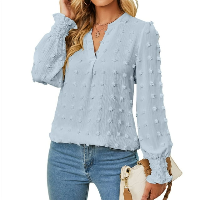 Blusa de Lunares con Cuello en V y Mangas con Volantes para Mujer, Blusas Holgadas Informales de Color Liso para Trabajar Azul S