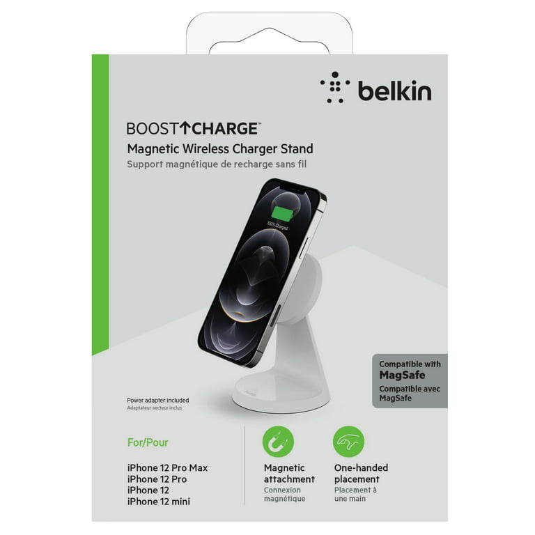 Belkin Magnetic Wireless Charger Stand - MagSafe Compatible - Charger - Works w/ Apple iPhone 15, iPhone 14, iPhone 13 & iPhone 12 with PSU, White