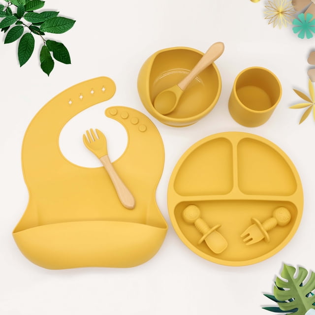 Vajilla de silicona para bebé, complemento alimenticio, cuenco, cuchara, tenedor, taza de agua, compartimento para babero, plato redondo