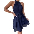 thumbnail image 2 of Women'S Tie Sleeveless Ruffle Hem Dress Patchwork Design Summer Chic Beach Party Gown Blue M, 2 of 8