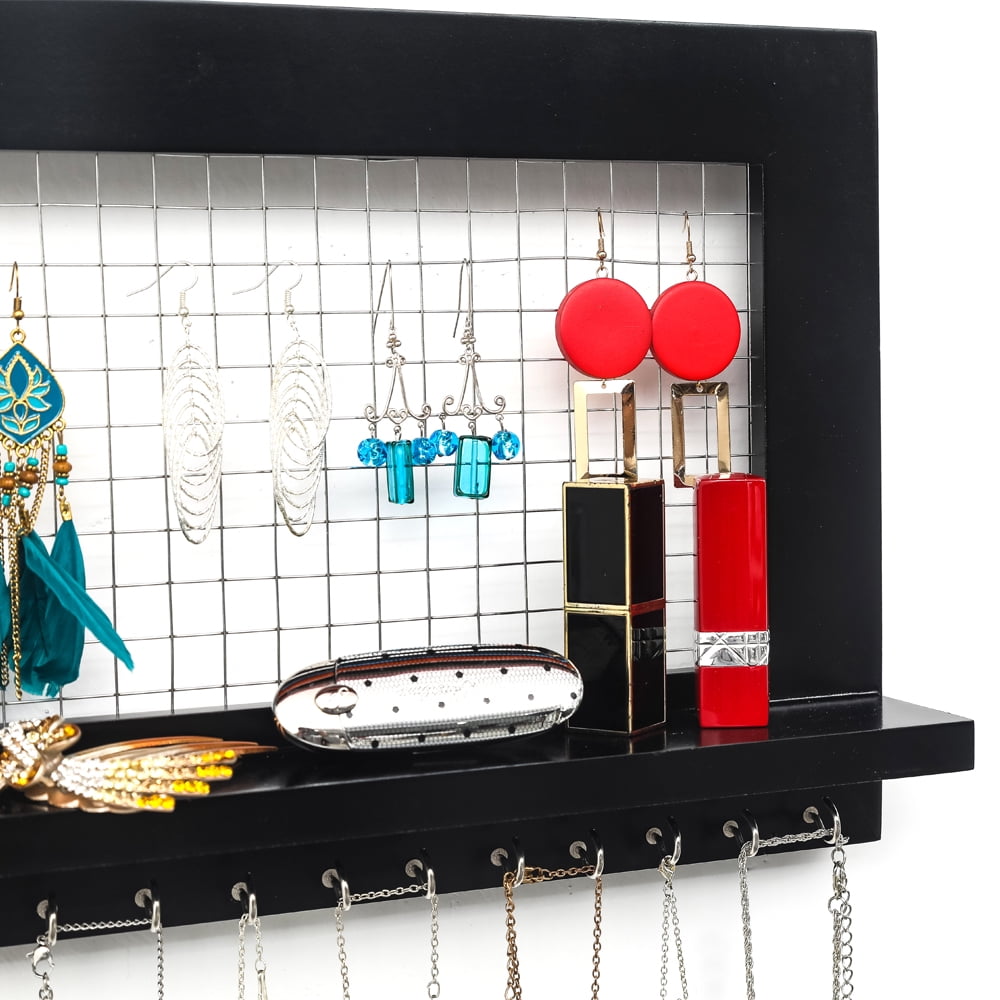 Wall Mounted Jewelry Organizer, Rustic Jewelry Holder for Necklaces, Earrings, Black