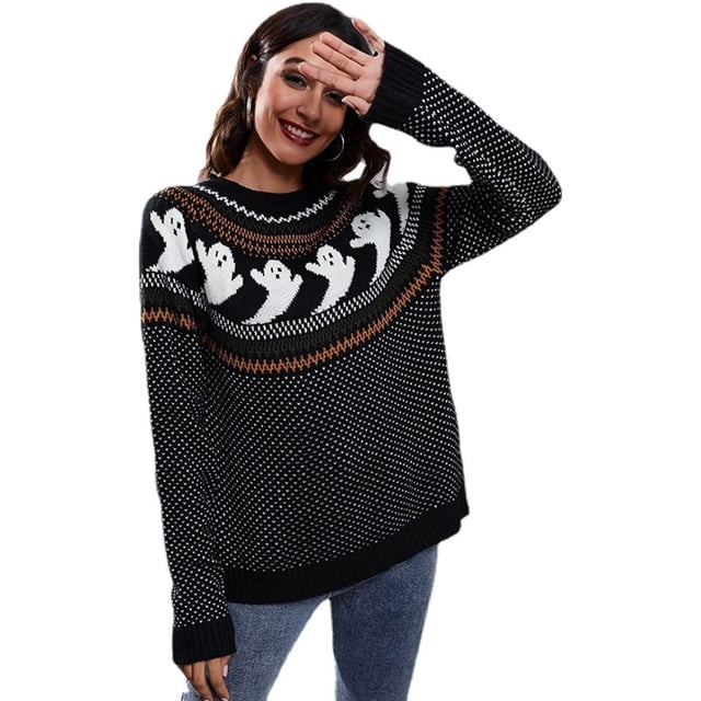 Suéter De Mujer - Fantasma De Halloween Vintage Lunares Manga Larga De Punto Cuello Redondo Casual Suelto Mujer Otoño Invierno Tops