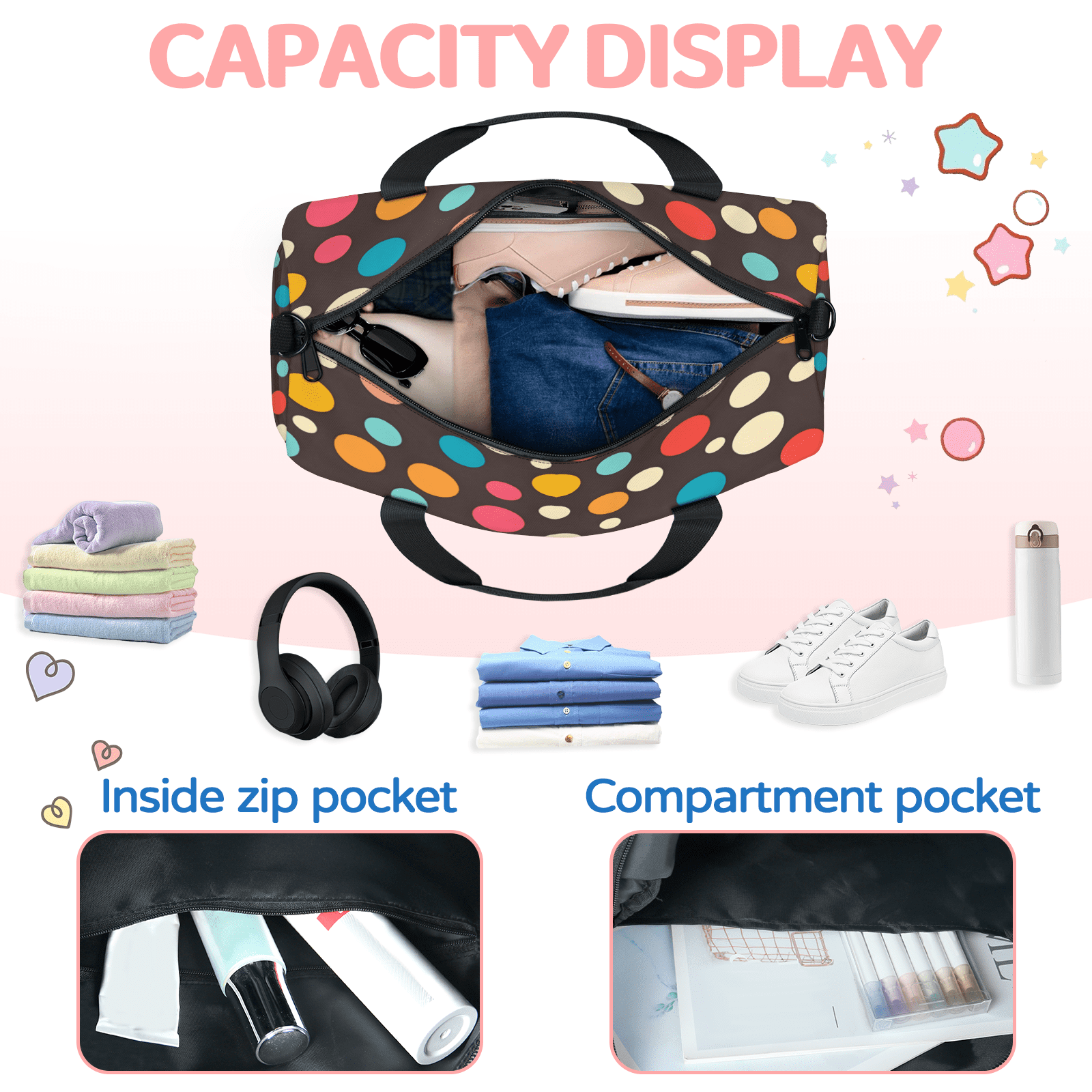 Herdesigns Rainbow Travel Duffle Bag Sports Yoga Weekender Overnight Carry on Workout Bags Lightweight Waterproof Gym Tote Bag for Women Geometric Polka Dots