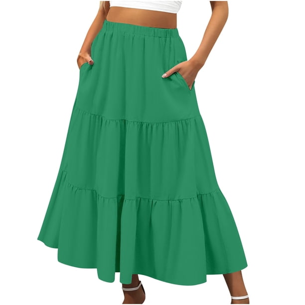 Falda boho de verano con cintura elástica y pliegues en línea A para mujer: falda de playa fluida con bolsillos, poliéster ligero para primavera/verano/otoño.
