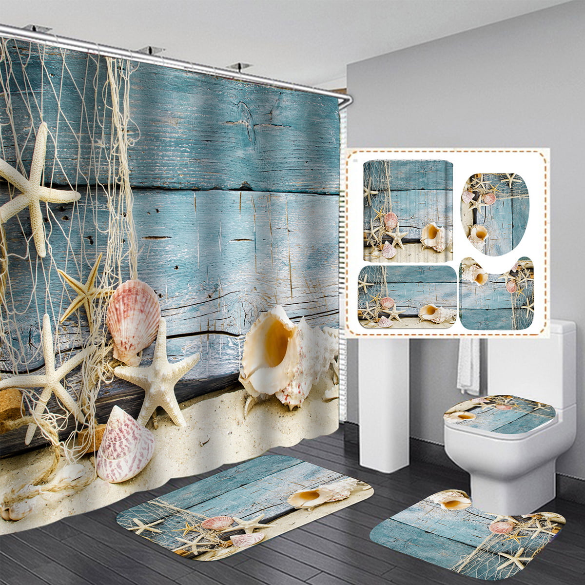 Bath Mat Toilet Cover Rug Decor Set 1/3pc Beach Luxury Bathroom Shower Curtain 