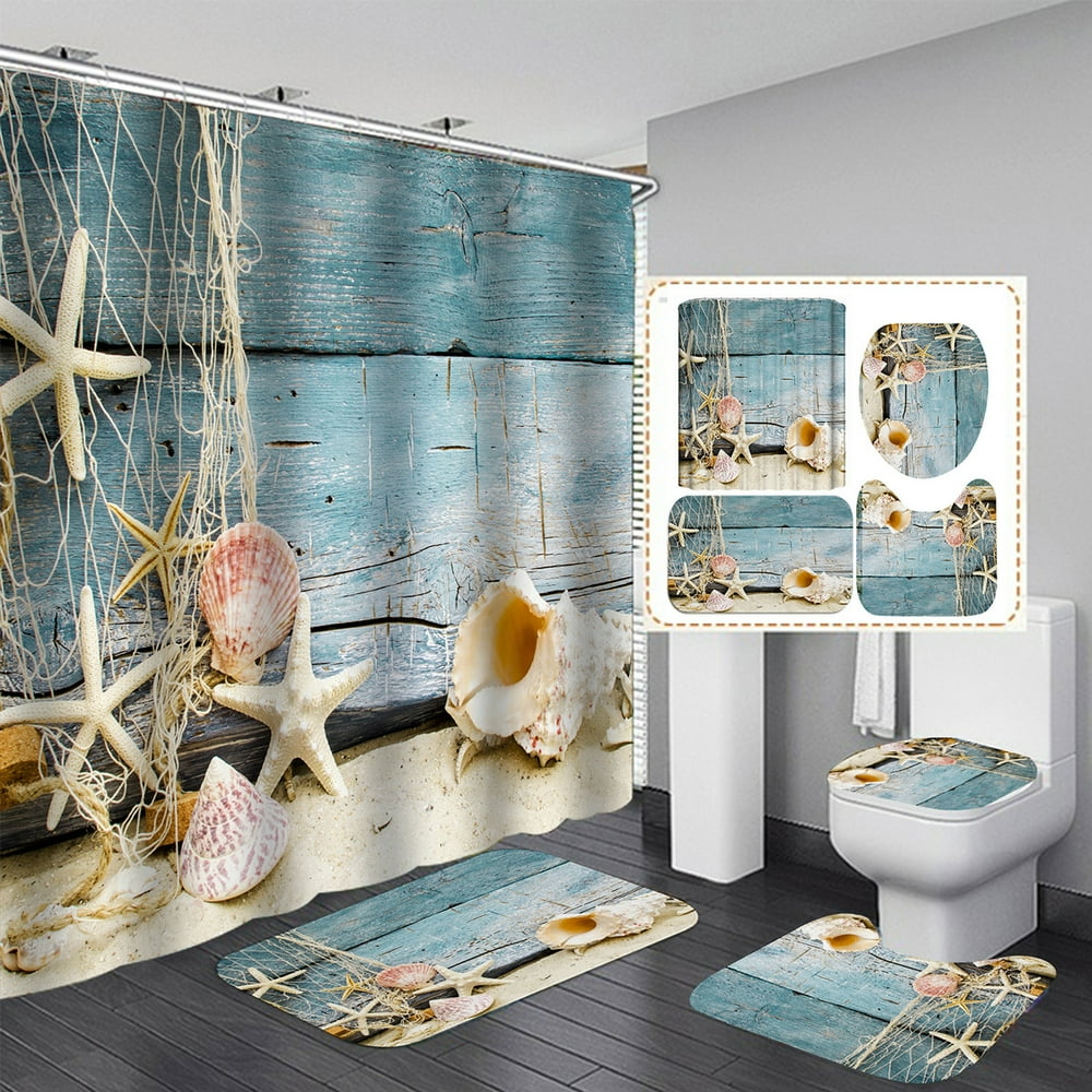 sea-shell-beach-printing-shower-curtain-waterproof-toilet-cover-mat