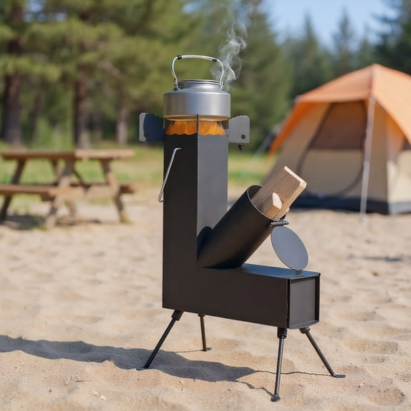 Barara King Outdoor Cooking Burner, Camping Stove, Foldable Camping Rocket Stove, Black, 9.44"D x 17"W x 22"H