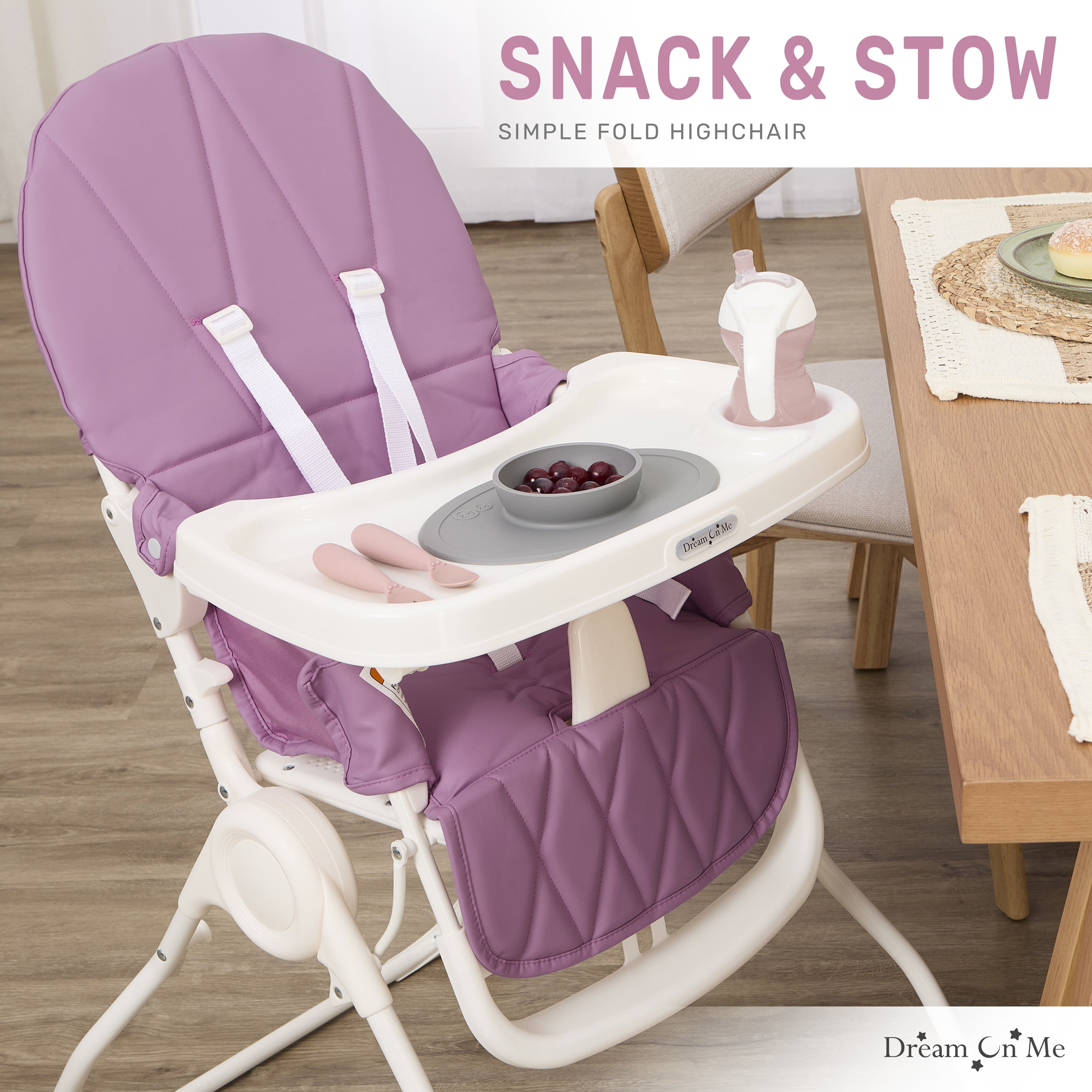 Dream On Me Snack and Stow Baby high Chair, Easy to fold and Store Travel high Chair, Removable and Three Position Adjustable Tray Portable high Chair, Mauve