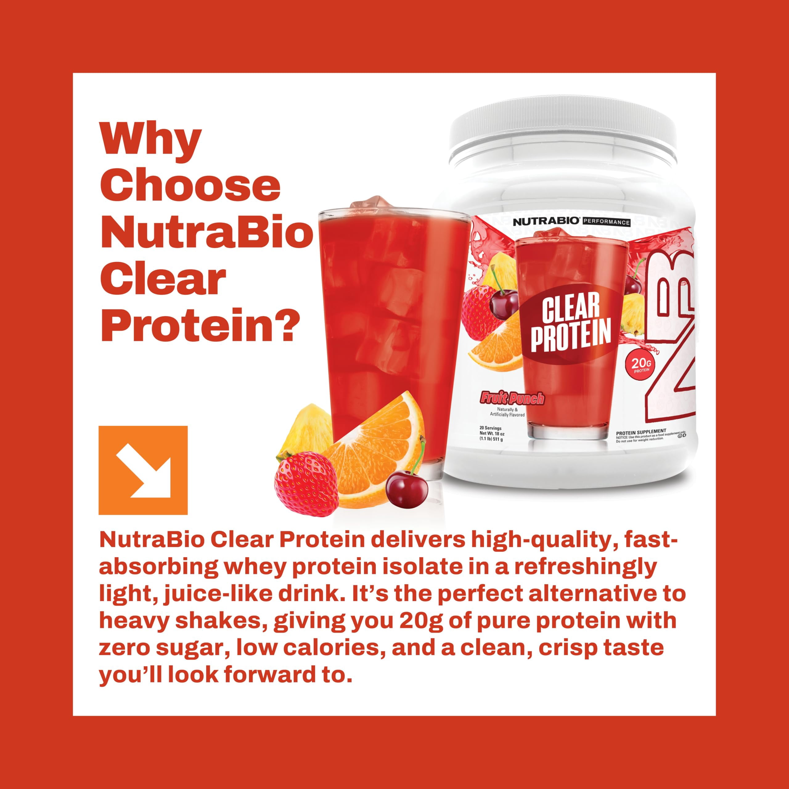 NutraBio Clear Whey Isolate Protein Powder, Delicious & Refreshing Fruit Flavors, Protein Juice, No Milky Taste, No Foam, Zero Sugar, Fruit Punch, 20 Servings