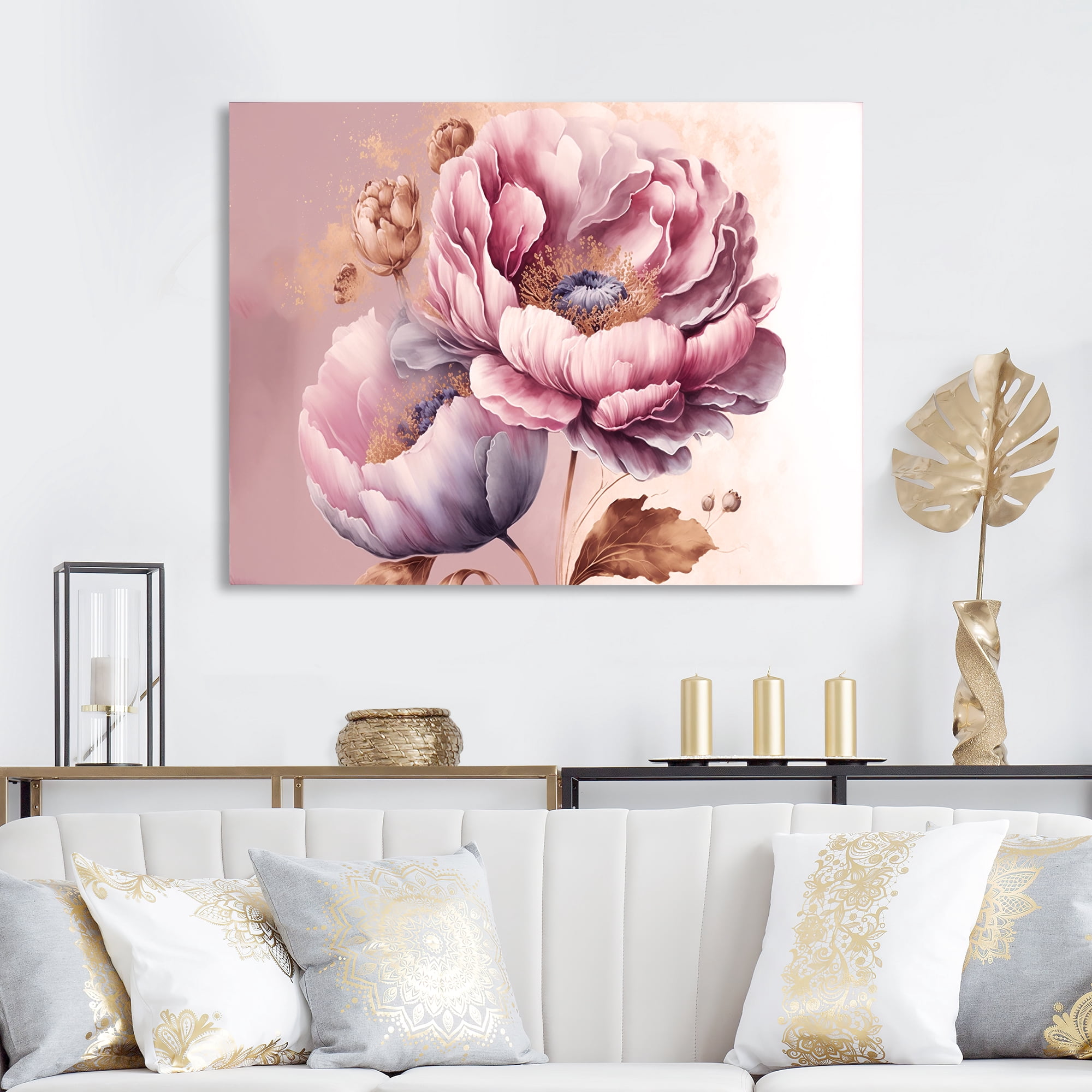 Designart Pink And Gold Poppy Flowers III Canvas Wall Art