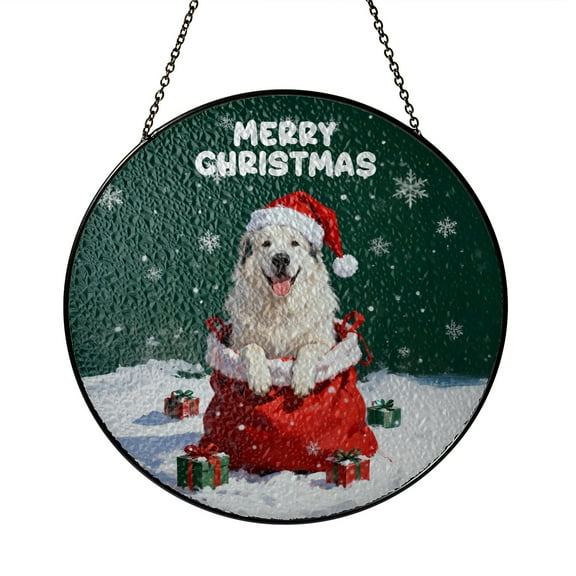 Santa Surprise Gift Great Pyrenees Merry Cheerful Christmas Stained Glass Suncatcher Pyr Dog Lover Window Hanging Sign Decor - 12021