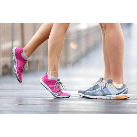 Love Sport Concept - Running Couple Kissing. Closeup of Running Shoes and Girl Standing on Toes to Print Wall Art By