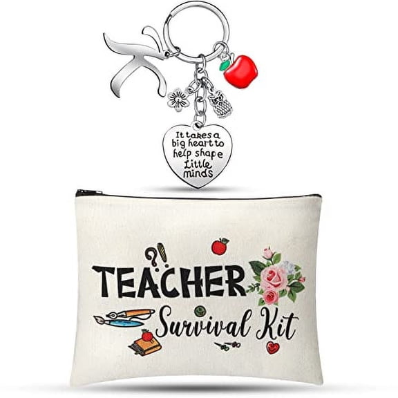 Hinly Teacher Appreciation Gifts Set Teacher Survival Kit Bag Keychain with Initial Makeup Pouch Cosmetic Bag for Christmas(K Style)