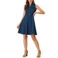 thumbnail image 2 of INSPIRE CHIC Women's Denim Sleeveless V Neck Belted Fit And Flare Shirt Dress M Dark Blue, 2 of 6