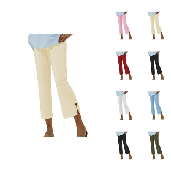 Capri Pants for Women 2025 Elastic Waist Button Slit Lightweight Flared Capris with Pockets Womens Cropped Pants