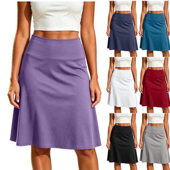 Amkhujs Knee Length Skirts for Women Basic Solid Color Flat Front A Line Skirt Trendy Soft Casual Skirt for Yoga Wear,Purple,M
