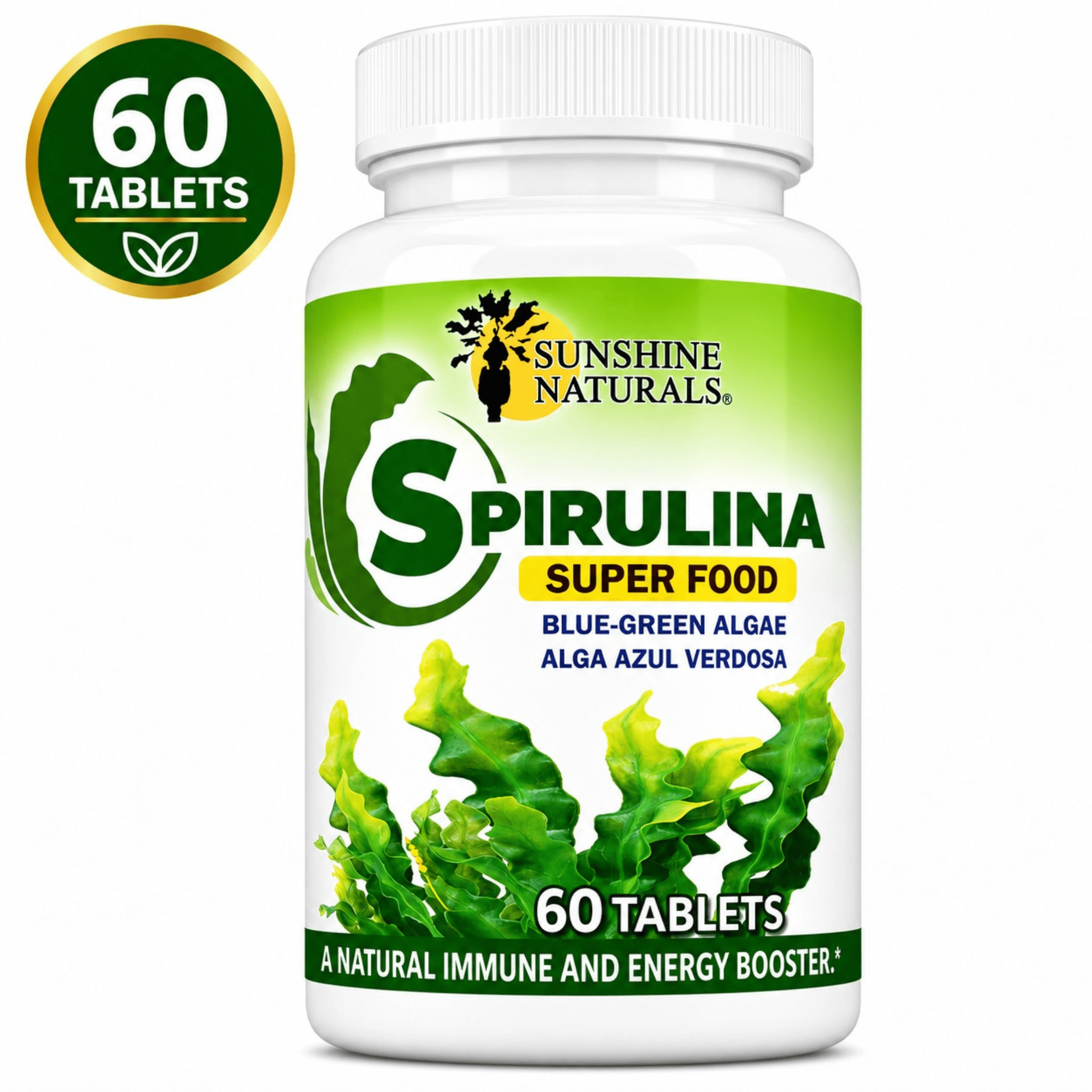 Sunshine Naturals Spirulina Algae Dietary Supplement, 60 Tablets, 500 mg, Superfood, Natural Immune Booster