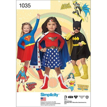 Simplicity Childs' Size 3-8 Wonder Woman, Supergirl & Batgirl Costumes Pattern, 1