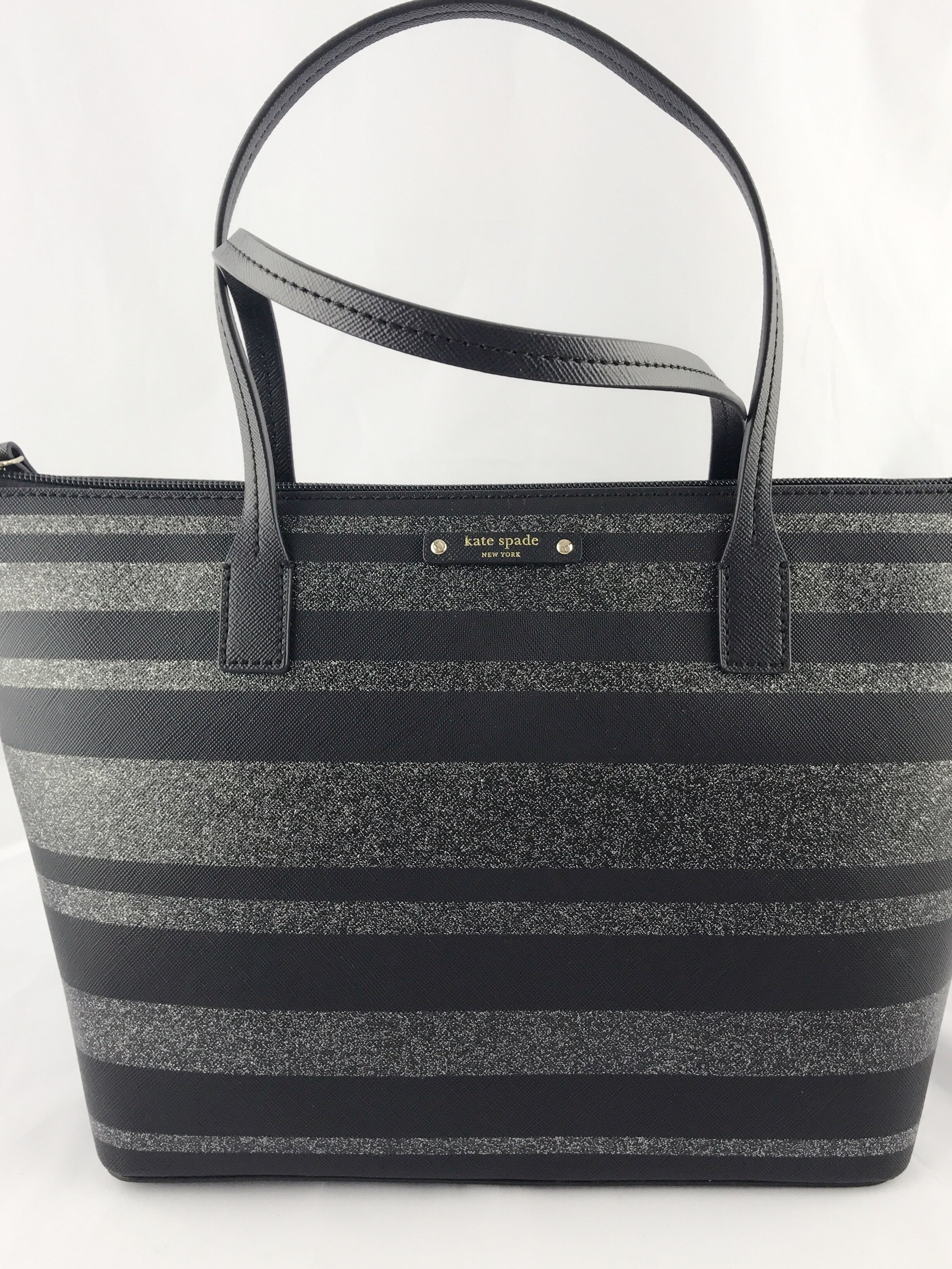 Kate Spade Haven Lane Hani Small Tote Glitter Stripe Kate Spade Haven Lane Hani Small Tote Glitter Stripe Black Silver Zip Handbag