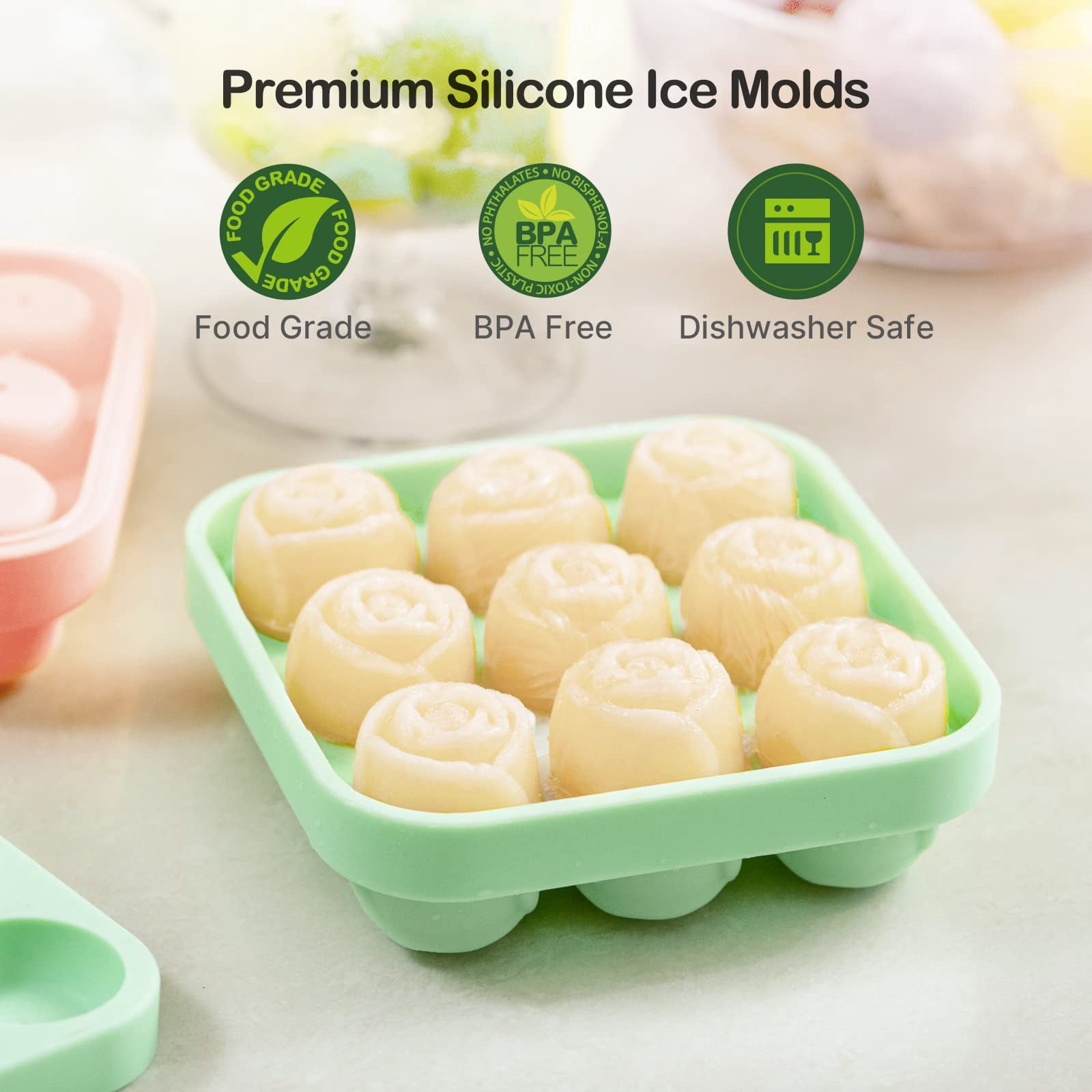 4 Pcs Silicone Rose Ice Cube Mold with Covers Fun Shapes Flower Ice Cube Mold Trays Maker 9 Cavity Easy Release Form for Whiskey Bourbon Cocktails Wine Coffee Juices and More